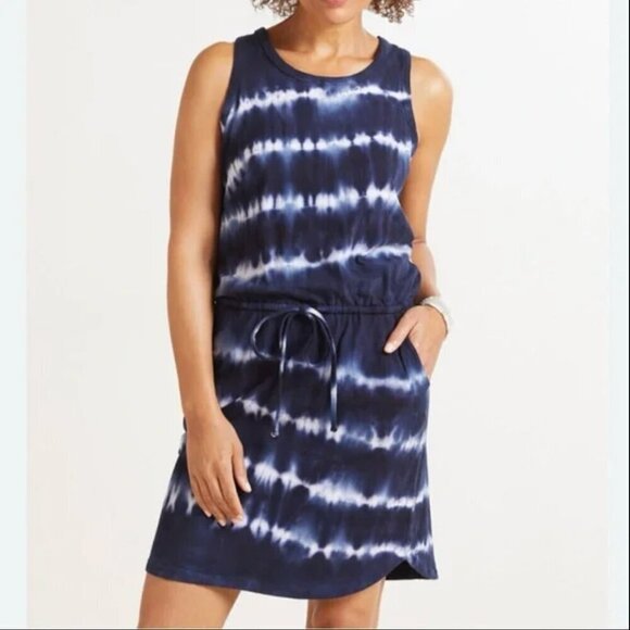 Sundry for Evereve The Weekender Drawstring Waist Dress 4‎ Blue White Tie Dye - Picture 1 of 13